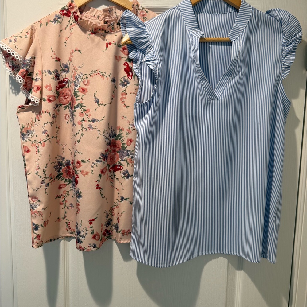 SHEIN Blue Stripe Flutter Sleeve V-Neck Top & Floral Print Top